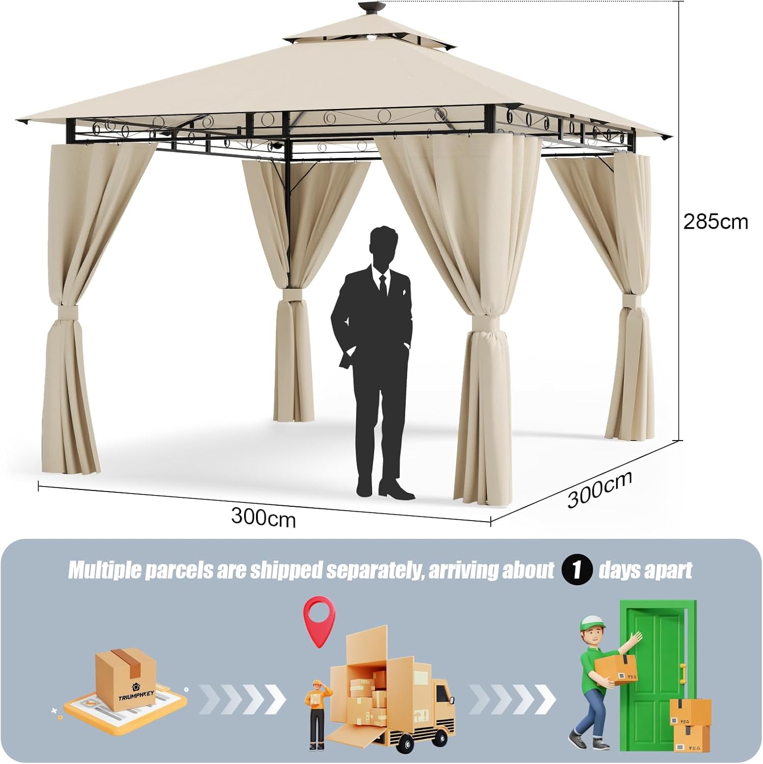 Pavillon 3x3 Wasserdicht Stabil Winterfest, Garten Pavillion mit seitenwänden, UV-Schutz 50+, Plane Gartenlaube, Metallrahmen Pavillon, Patio Gazebo, Beige