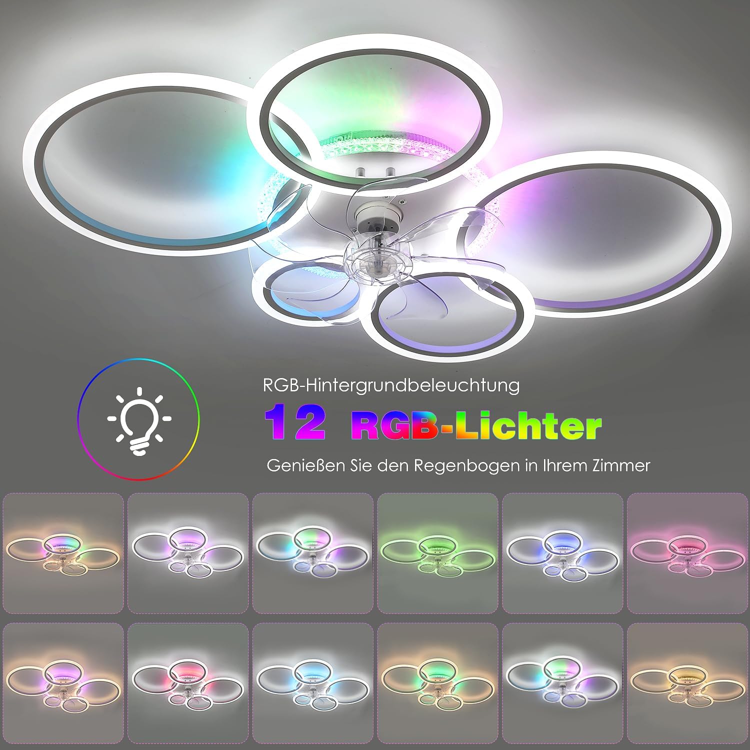 Deckenleuchte mit Ventilator, leise, weiß, Deckenventilator mit Beleuchtung, App und Fernbedienung, 72 W, 6270 lm, Dimmbar, RGB LED, für Wohn- Schlaf- und Esszimmer, 6-Gang, Timer
