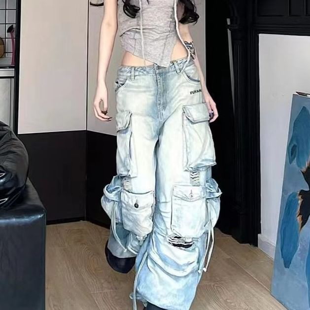 Slyaddie - Low Waist Washed Ripped Wide Leg Cargo Jeans