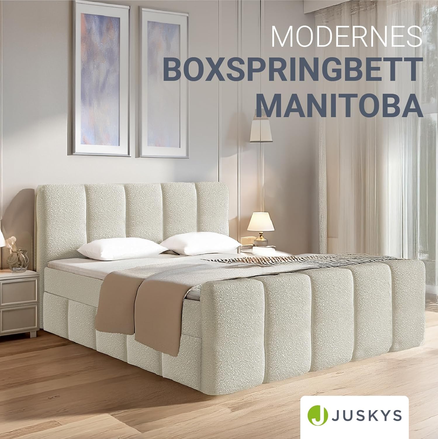 Juskys Boxspringbett Manitoba 180 x 200 cm - Modernes Design mit Bouclé-Stoff, Gepolstertes Kopfteil, Inkl. Topper - Beige