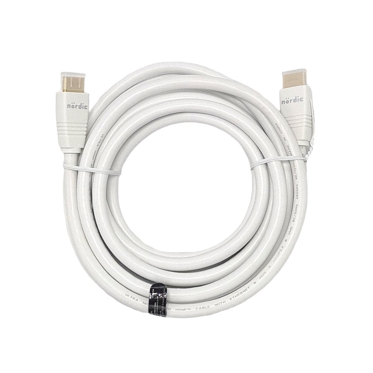 NÖRDIC CERTIFIED CABLES 5m Ultra High Speed ​​​​HDMI2.1 8K 60Hz 4K 120Hz 144Hz 48Gbps Dynamic HDR eARC Game Mode VRR Dolby ATMOS gullbelagt PVC hvit