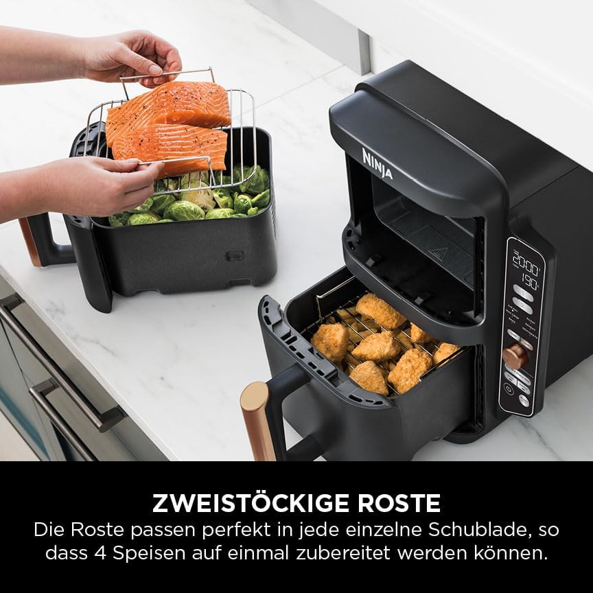 Ninja Double Stack XL Heißluftfritteuse, 2 vertikale Schubladen, 4 Kochstufen, 2 Einschübe, platzsparendes Design, 9,5 L Fassungsvermögen, 6 Funktionen, 8 Portionen, Zange, Schwarz/Kupfer SL400EUCP