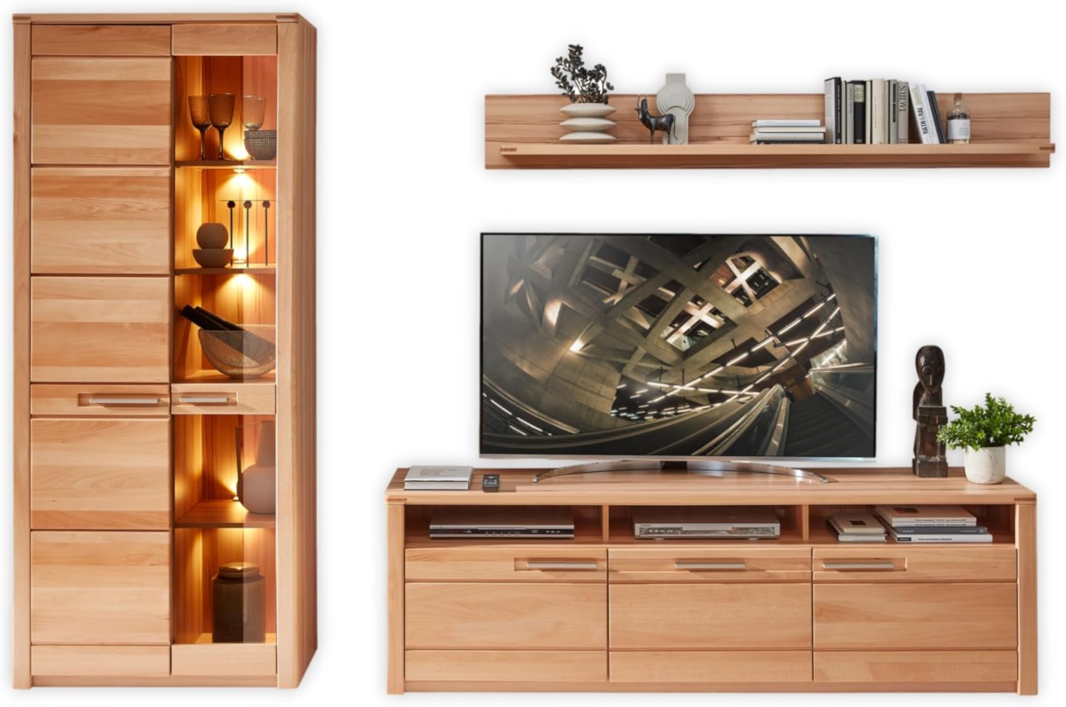 NATURE ONE Wohnwand Komplett-Set in Kernbuche teil-massiv FSC-zertifiziert - Moderne Schrankwand mit LED-Beleuchtung für Ihr Wohnzimmer - 310 x 203 x 45 cm (B/H/T)