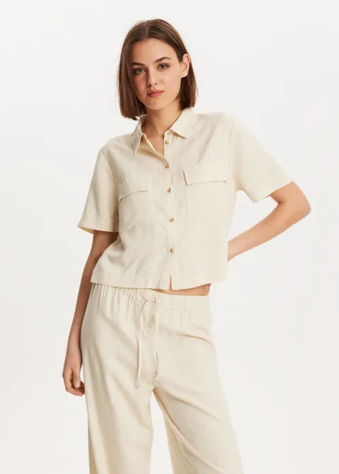 Linnen mix korte mouwen blouse zand (ZND.L)