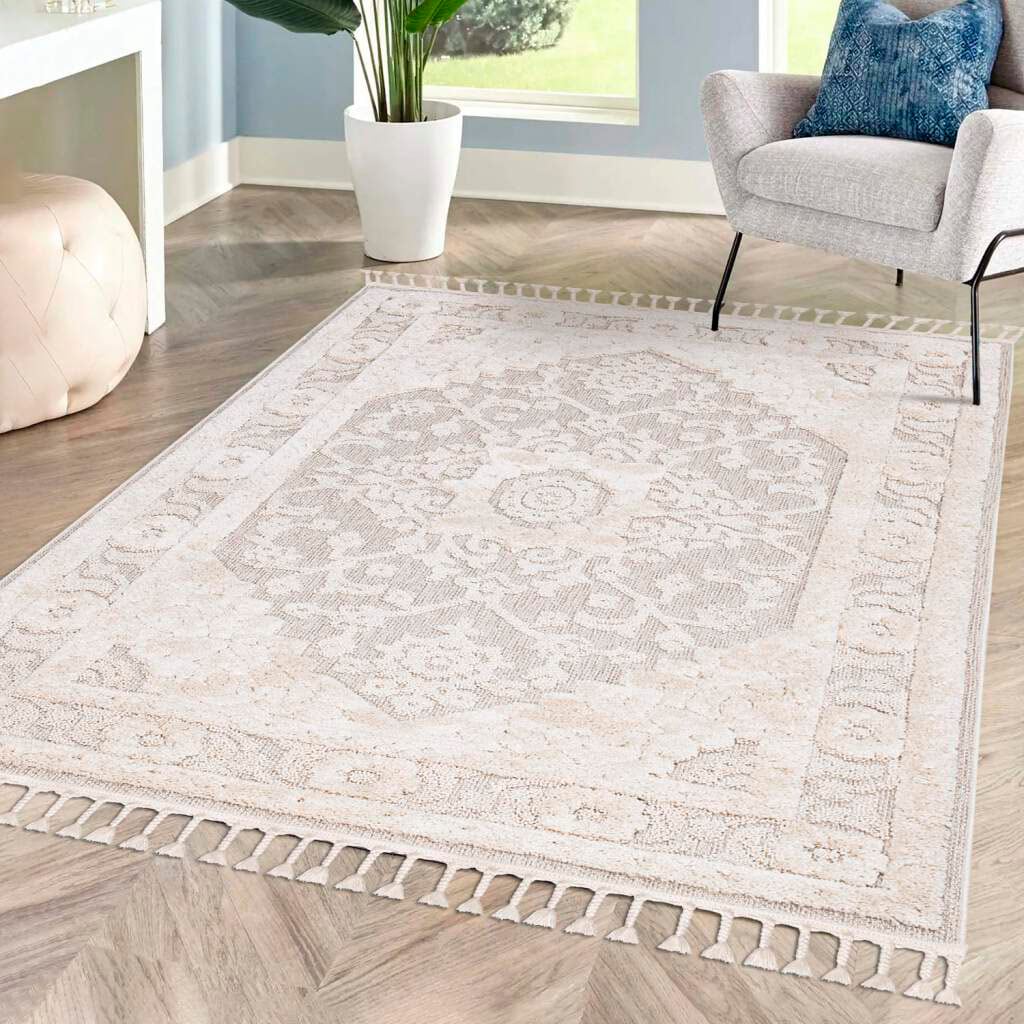 Carpet City Hochflor-Teppich »Valencia 732« rechteckig 20 mm Höhe Läufer, Boho-Stil, 3D-Effekt, Relief, Hoch-Tief-Struktur, mit Fransen