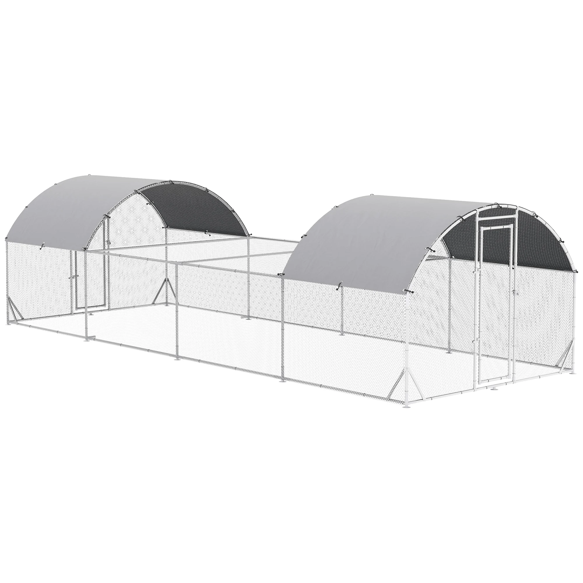 Galinheiro externo PawHut em aço galvanizado, 7,6 x 2,8 x 1,95 m, grande, com 4 níveis, cobertura de tecido, espaço para 20 a 24 galinhas, coelhos e outras aves, cor prata.