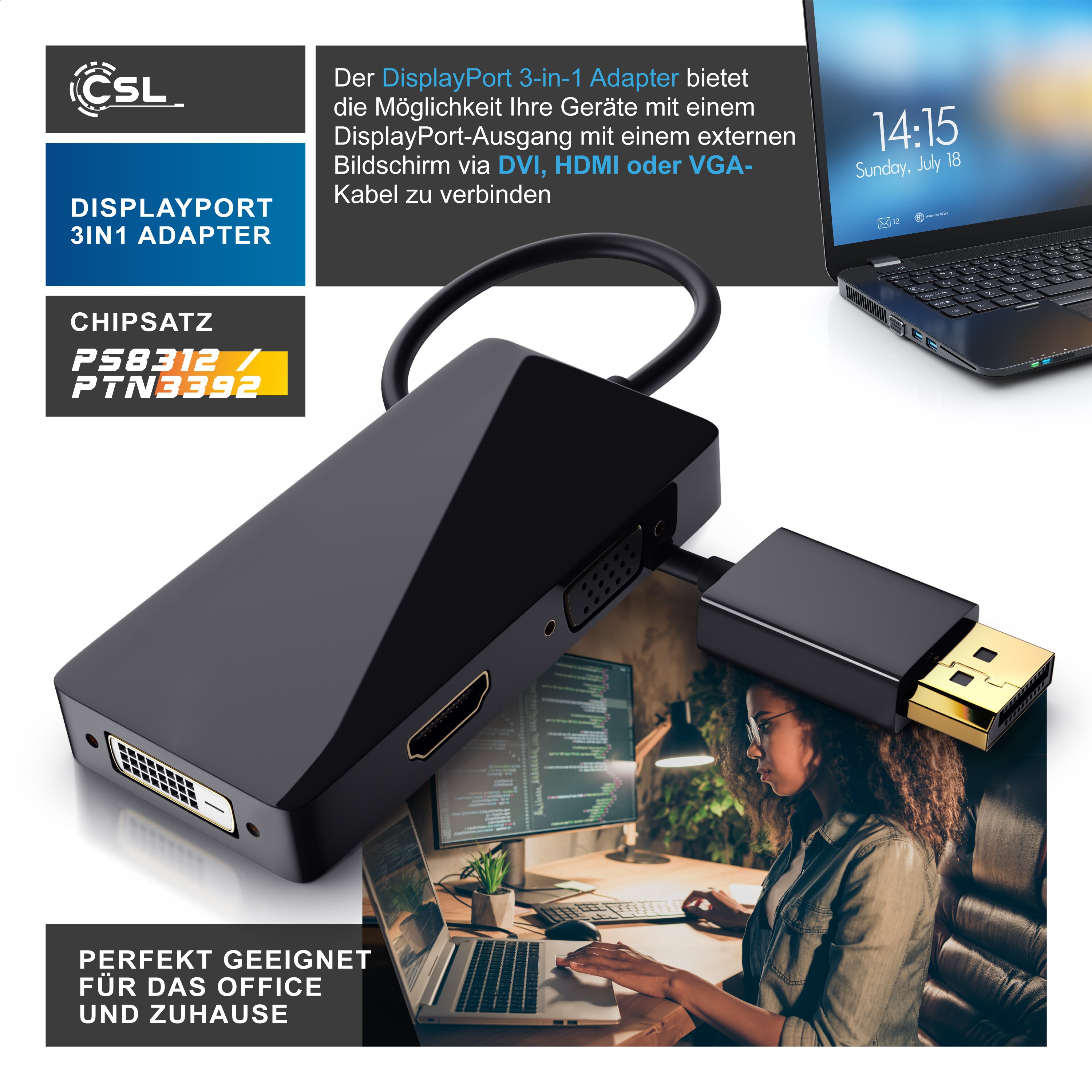 CSL DisplayPort Stecker auf HDMI, DVI, VGA Video-Adapter, 15 cm, 3in1, Konverter-Kabel, Full HD 1080p