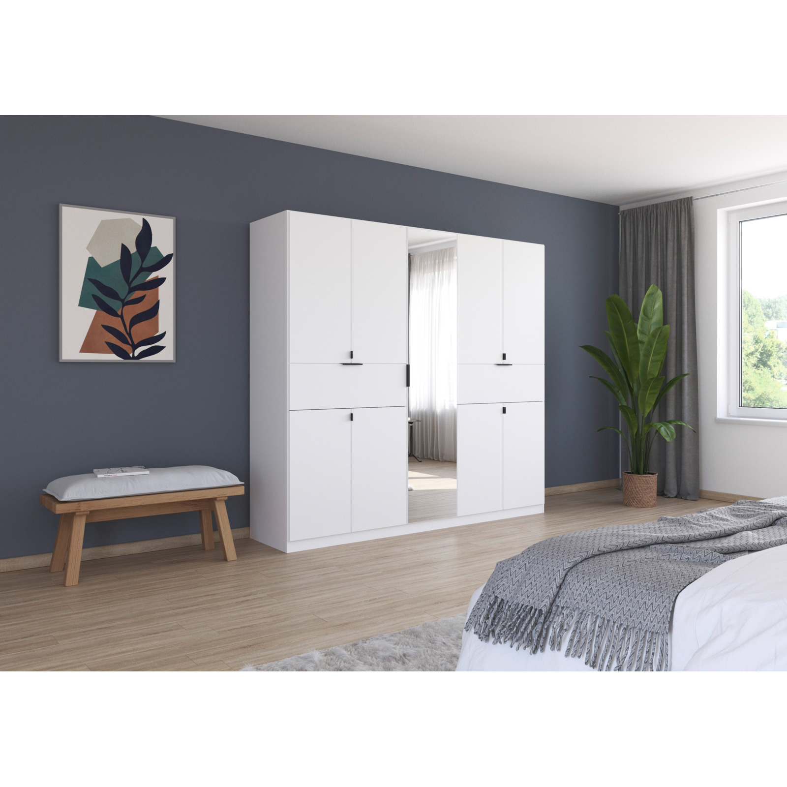 Drehtürenschrank Ticao, Dekor, 226 x 210 x 54 cm, mit Spiegel weiss
