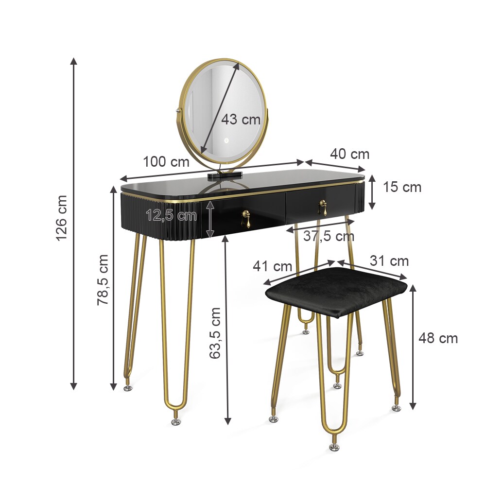 Vicco Schminktisch Frisiertisch Schminkkommode Grace Schwarz Hochglanz LED-Spiegel Hocker 100x126 cm modern Schlafzimmer Kommode Schublade Ablage Aufbewahrung Kosmetiktisch Schminkkonsole Make-Up-Tisch