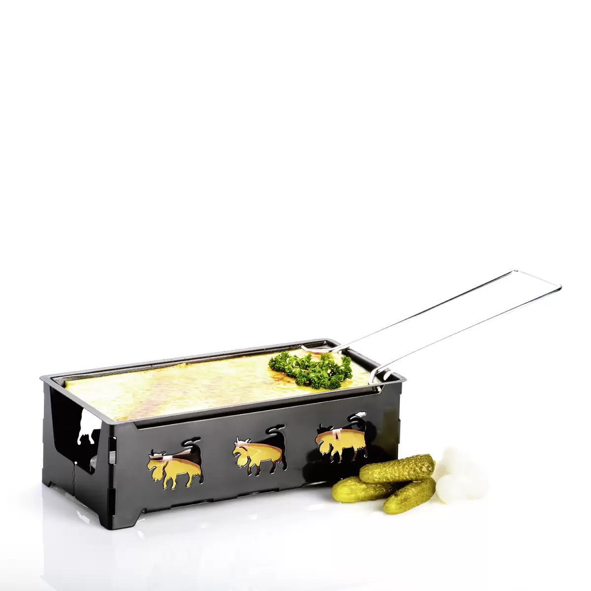 Raclette mit Rechaudkerzen Kuhdekor Schwarz