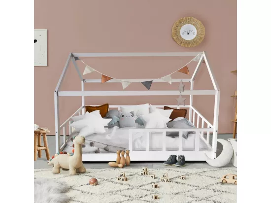 Lit cabane Kiwi 90x190 + 1 sommier + barrière /Blanc