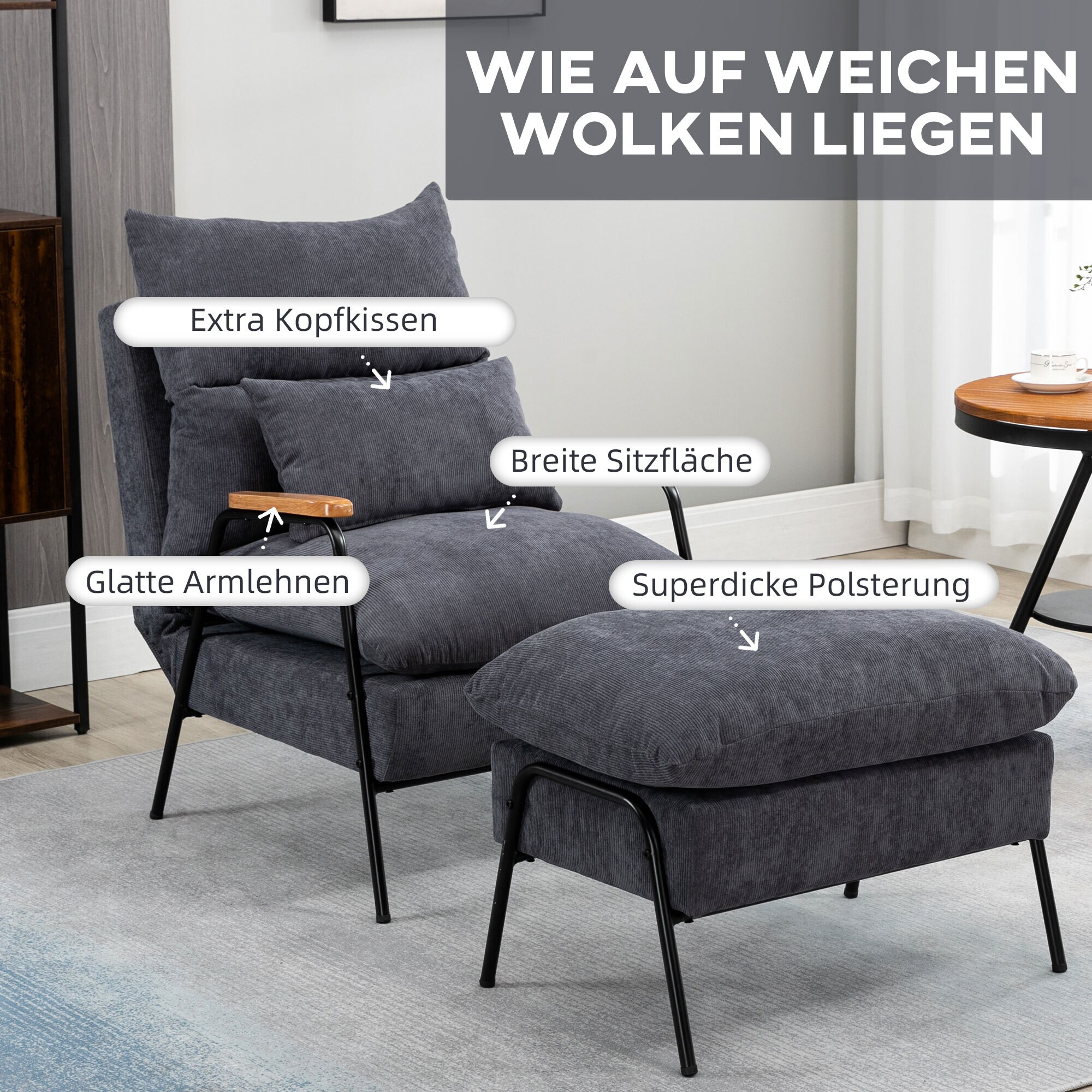 HOMCOM Polstersessel mit Kissen und Fußhocker 68L x 91,5B x 88H cm