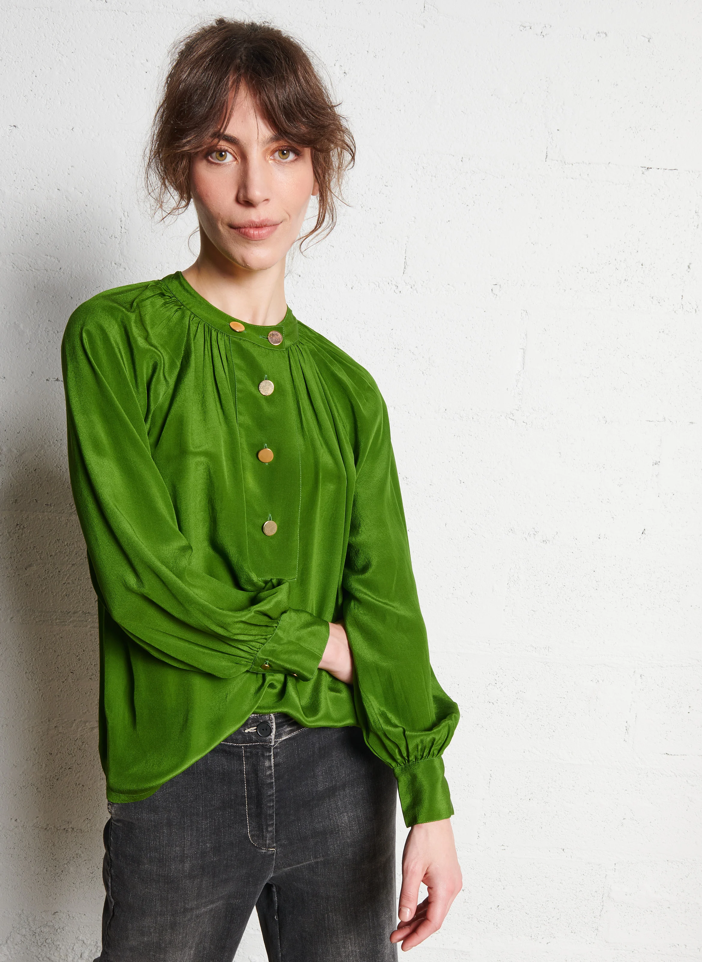 ALPHONSE - Blouse col rond en soie | Vert