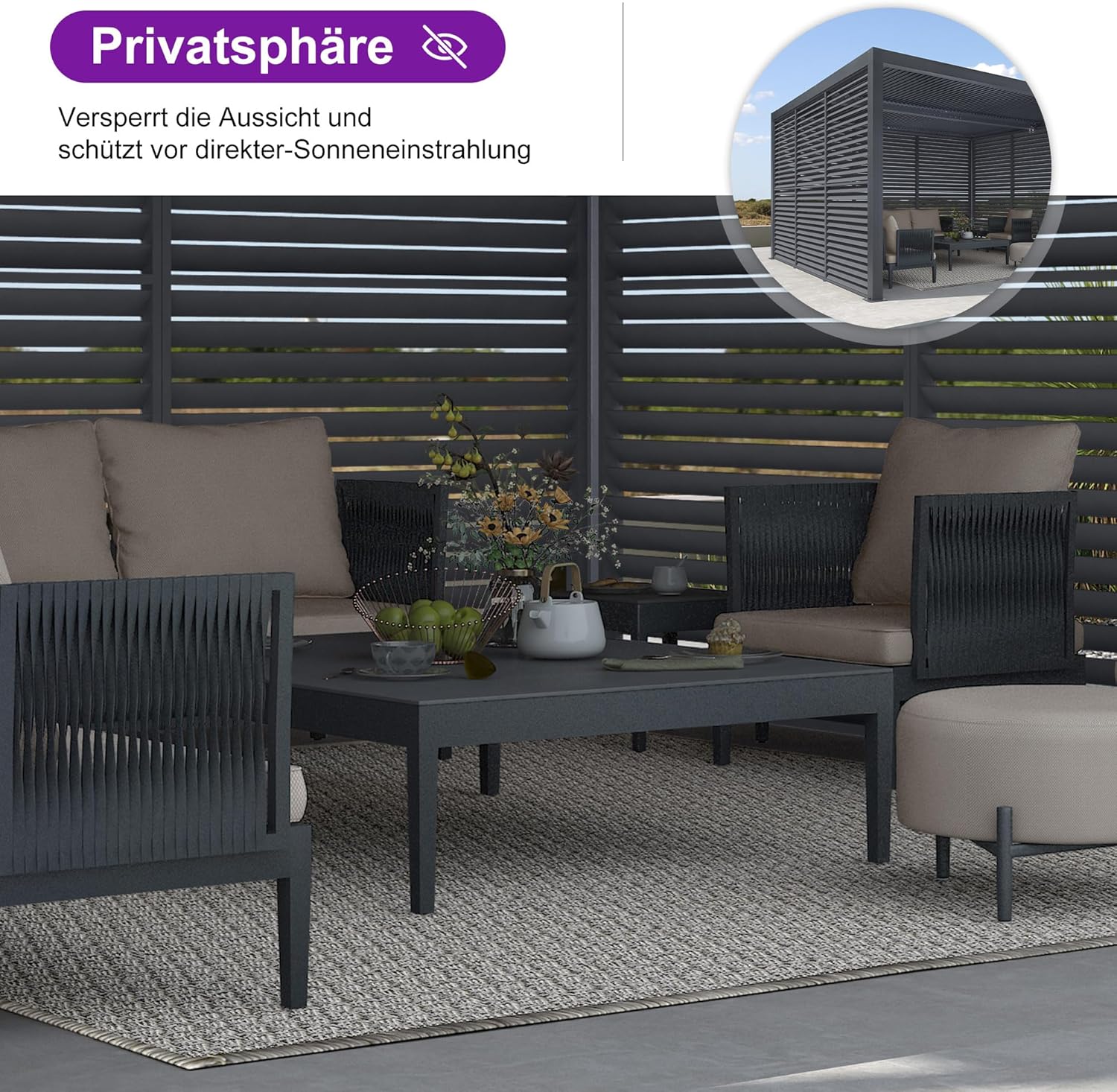 PURPLE LEAF Lamellenpergola 3.65 x 4.25 m mit Festen Lamellen Paneele Alu Pergola mit Verstellbarem Lamellendach Wasserdicht Stabil Winterfest Pavillon für Terrasse, 1 Lange Seite, Grau