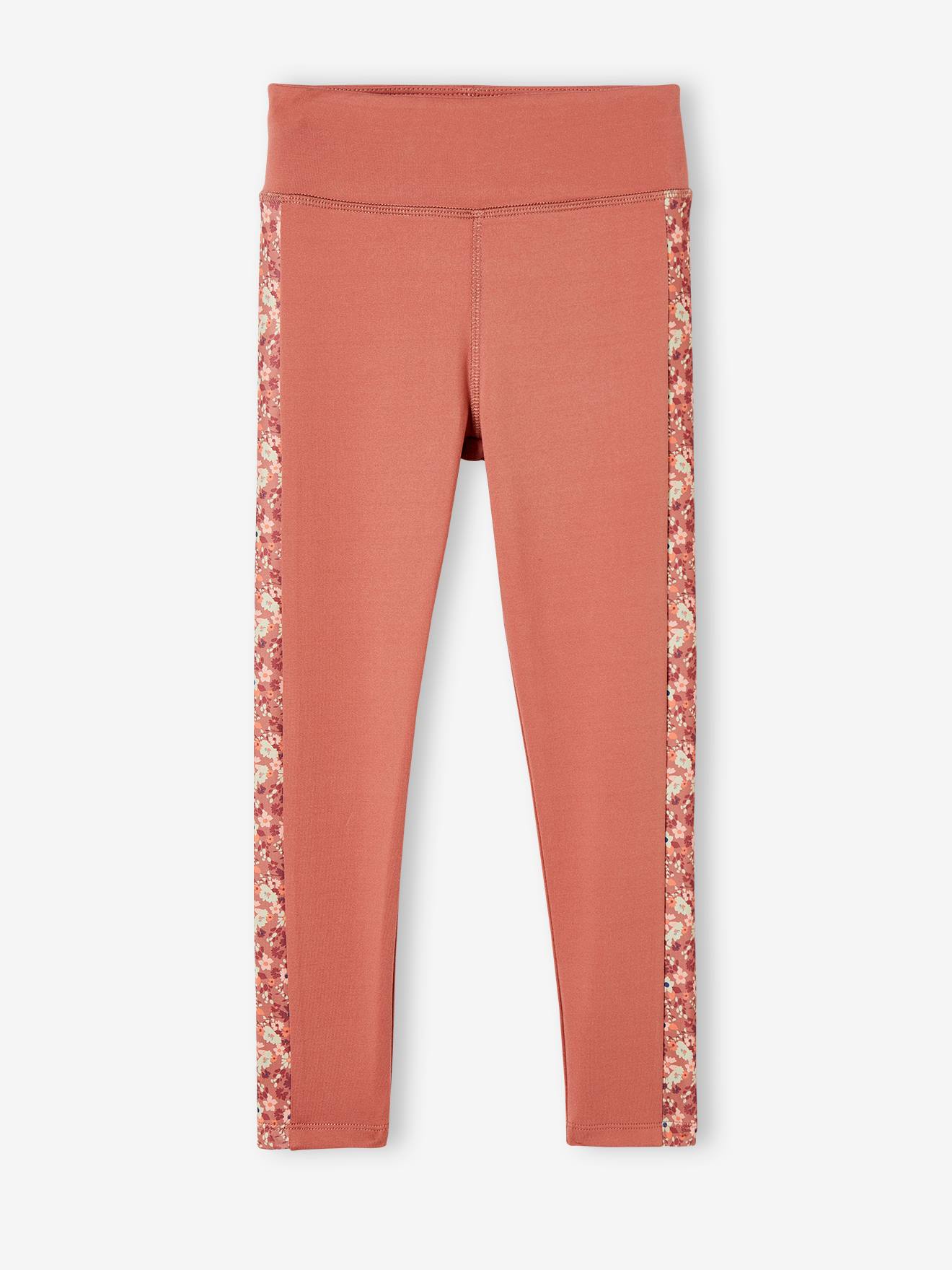Leggings esportivas femininas em tecido técnico com listras laterais florais, cor argila.