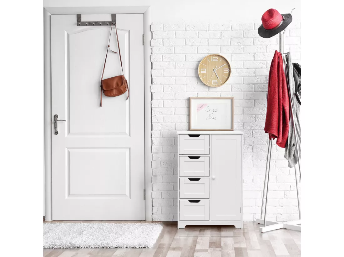 Meuble de salle de bain Moderne 4 Tiroirs 1 Porte Bois Blanc