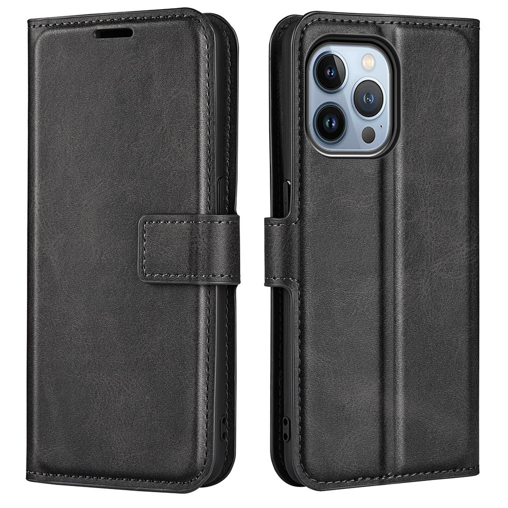iPhone 14 Pro Vintage Leder Tasche Flip Cover - Schwarz