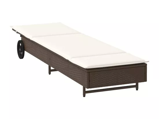 Chaise longue avec roues et coussin marron résine tressée