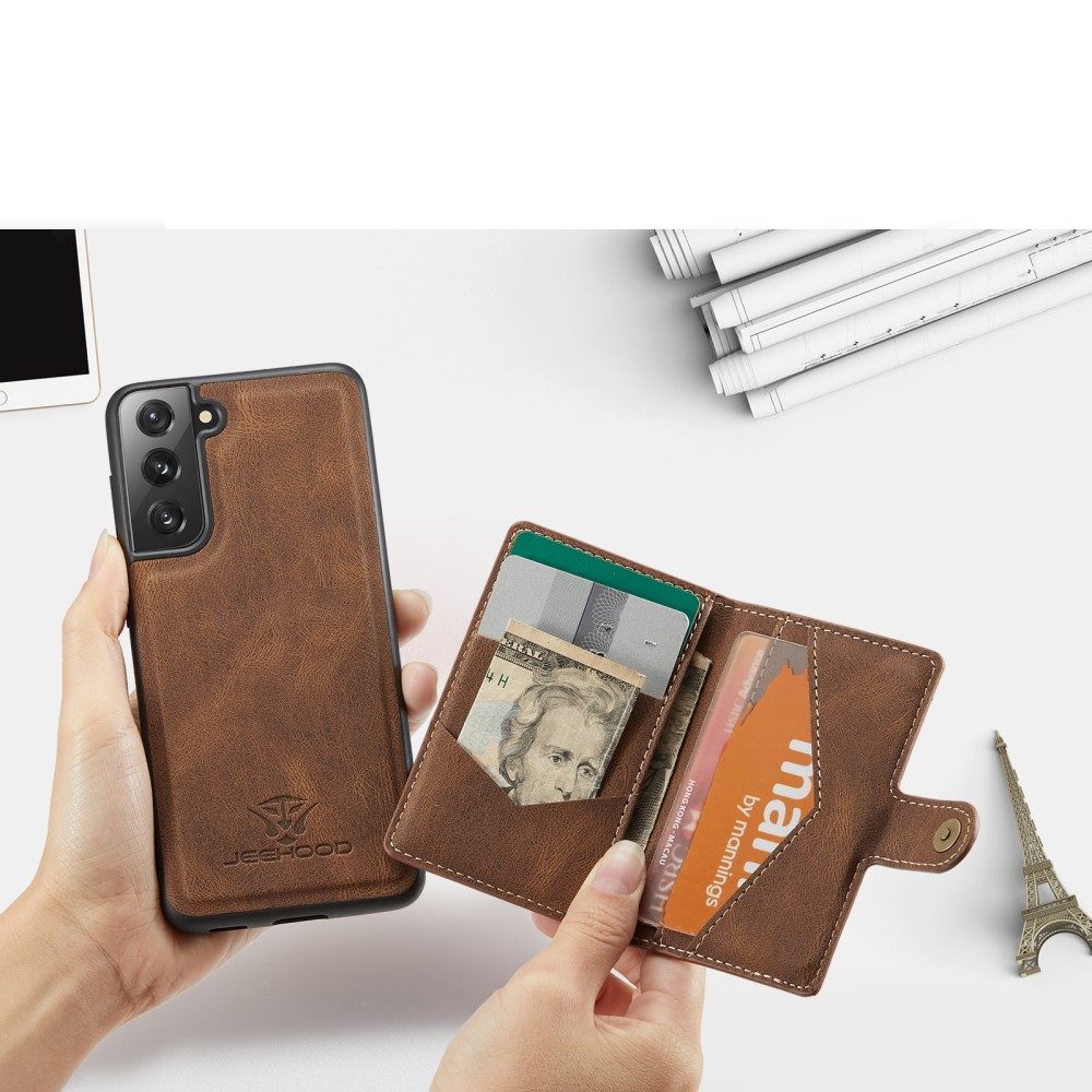 2in1 Samsung Galaxy S21 FE 5G Leder Hülle Wallet   Magnetisches Kreditkartenfach - Braun