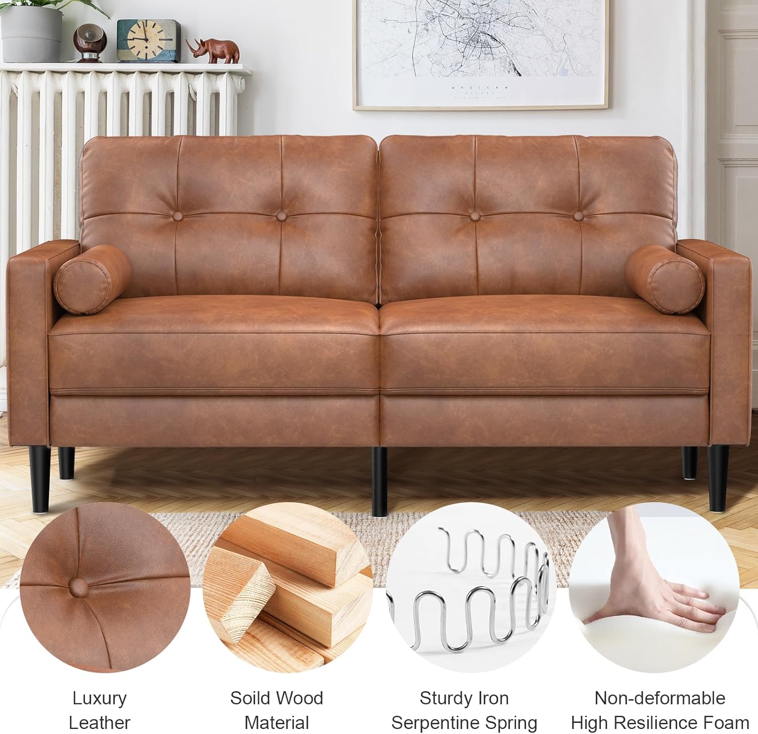 2-Sitzer-Sofa Modern Dick Gepolstert 2 Kissen Komfortables Leder Sofa mit 2 Staufächern für Wohnzimmer Schlafzimmer Büro Einfach zu montieren Klein