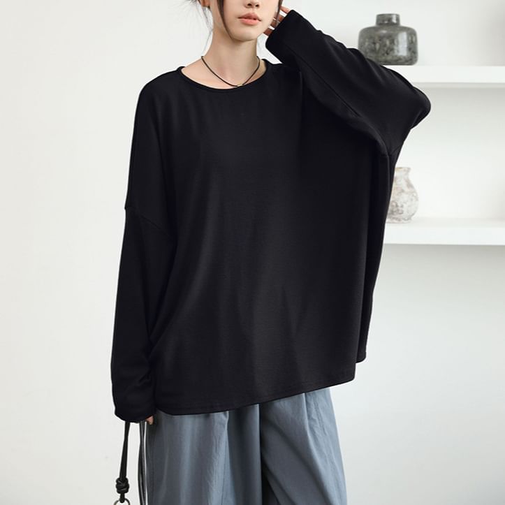 Scabiosa - T-shirt met lange mouwen en ronde hals, effen