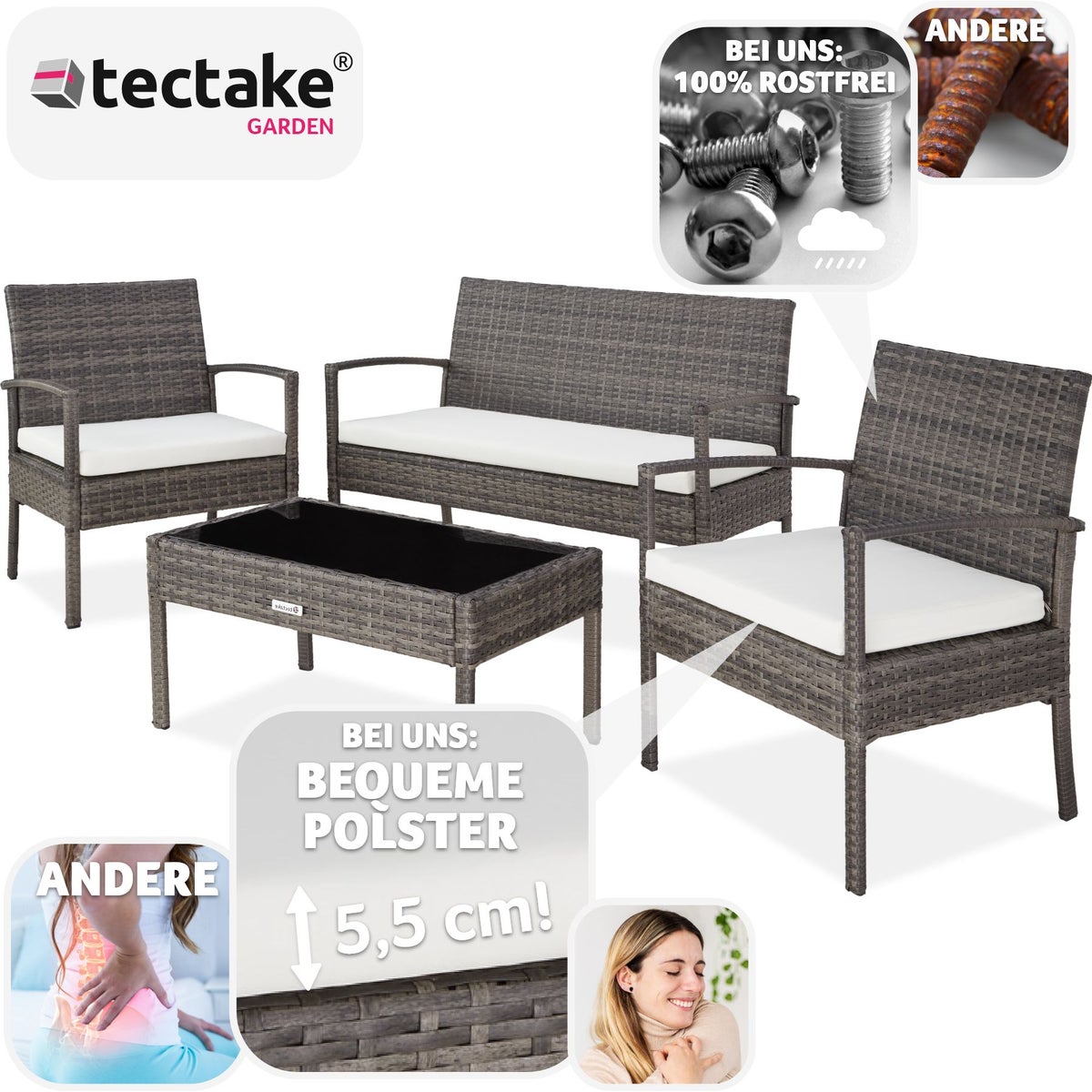 tectake Sparta rotan zitgroep voor 4 personen, slank frame