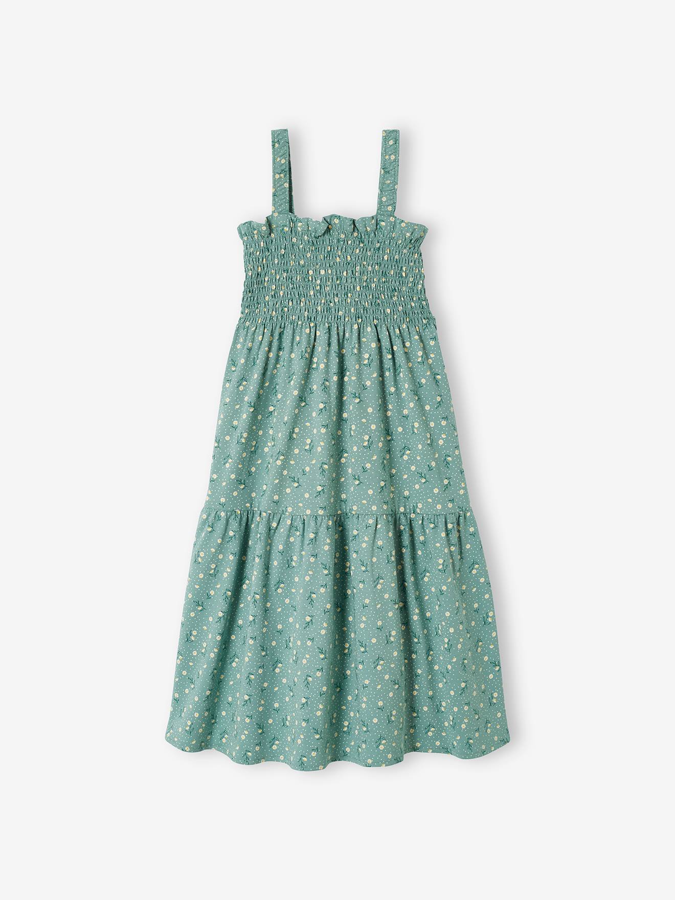 Vestido verde esmeralda com bata e suspensórios para meninas