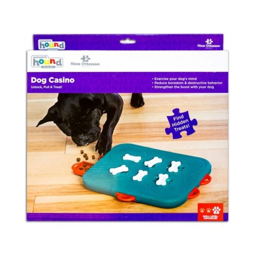 Brinquedo interativo para cães nas cores azul e vermelha.