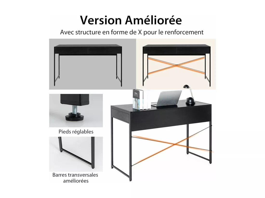 Bureau d'Ordinateur avec 2 Tiroirs et Structure en X, Table Informatique Structure Solide et Durable 112x48x76cm (Noir)