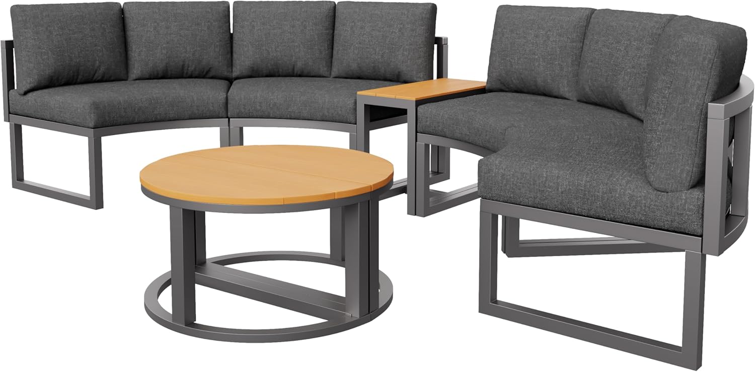 Merax Gartenmöbel Set für 4-6 Personen, Gartenlounge Lounge Set aus Metallrahmen, Balkonmöbel Outdoor Sitzgruppe mit Beistelltisch & Kissen, Elegante runde Sofagarnitur, Wetterfest für Terrasse, Grau