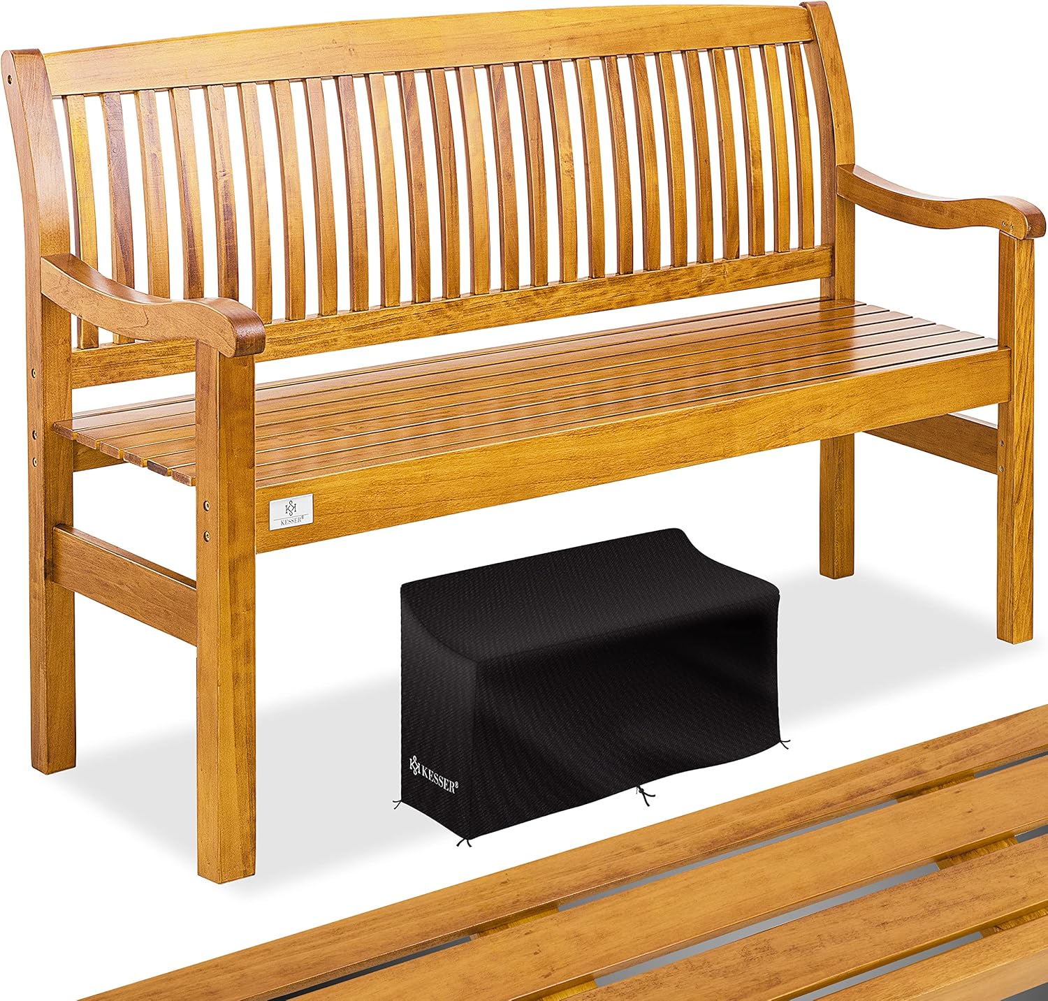 KESSER® Gartenbank Holz Holzbank wetterfest | Für 3 bis 4 Personen | Parkbank aus Massivholz | Sitzbank 320 kg belastbar 150 cm | Balkonbank Bank für Balkon Terrasse & Garten inkl. Cover Hellbraun