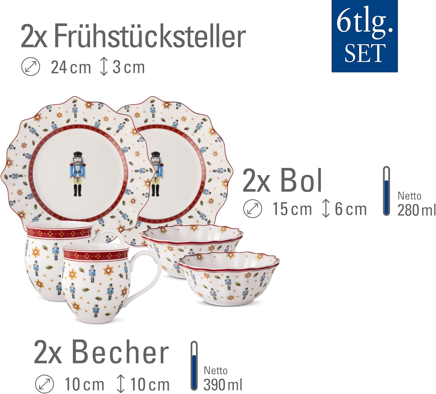 Villeroy & Boch - Toy's Delight Frühstücks-Set für 2 Nussknacker 6-teilig Bunt, Weihnachten, Geschirr Set mit Frühstückstellern, Tassen und Schüsseln, Weihnachtsgeschirr, Premium Porzellan