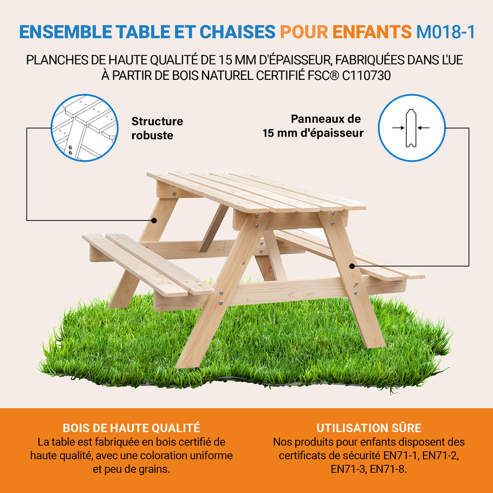 Table enfant en bois – table et chaise enfant - 90x90xh50 cm - M018-1