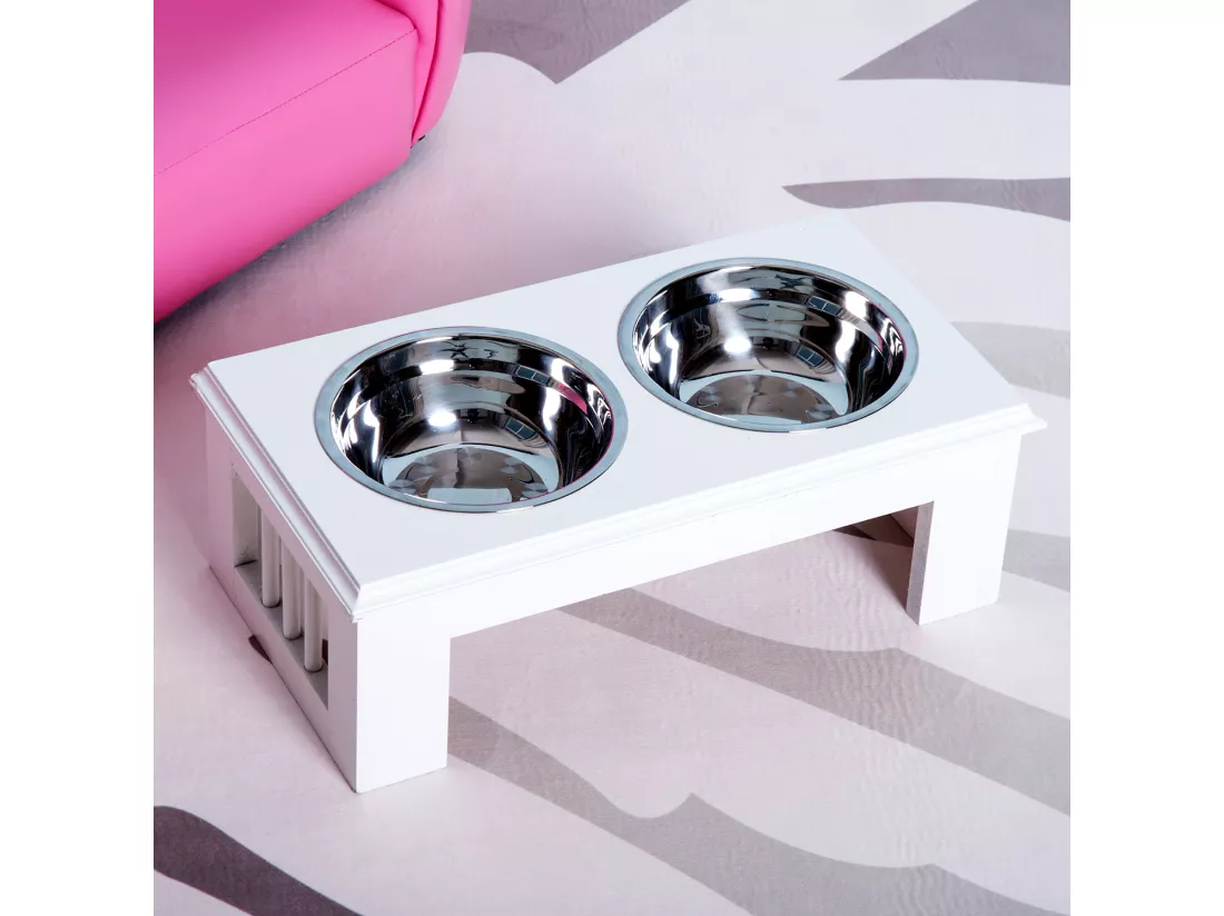Gamelle double chien chat Porte-gamelles surélevé dim. 44L x 24l x 15H cm 2 gamelles acier inox. incluses MDF blanc