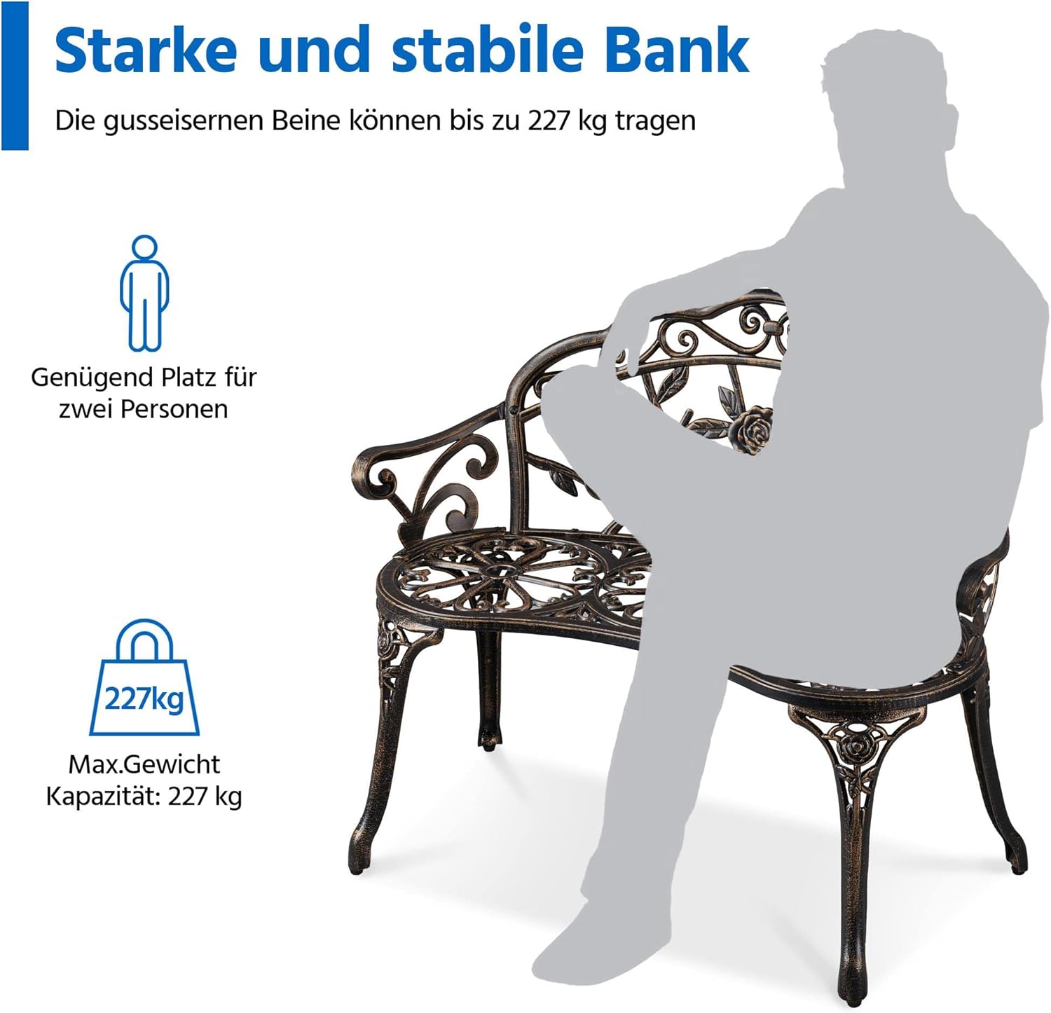 Yaheetech Gartenbank Bronze Parkbank Wetterfester Parkbank Balkonbank mit Rücklehne 2-Sitzer Gartenmöbel für Terrase, Balkon, Garten