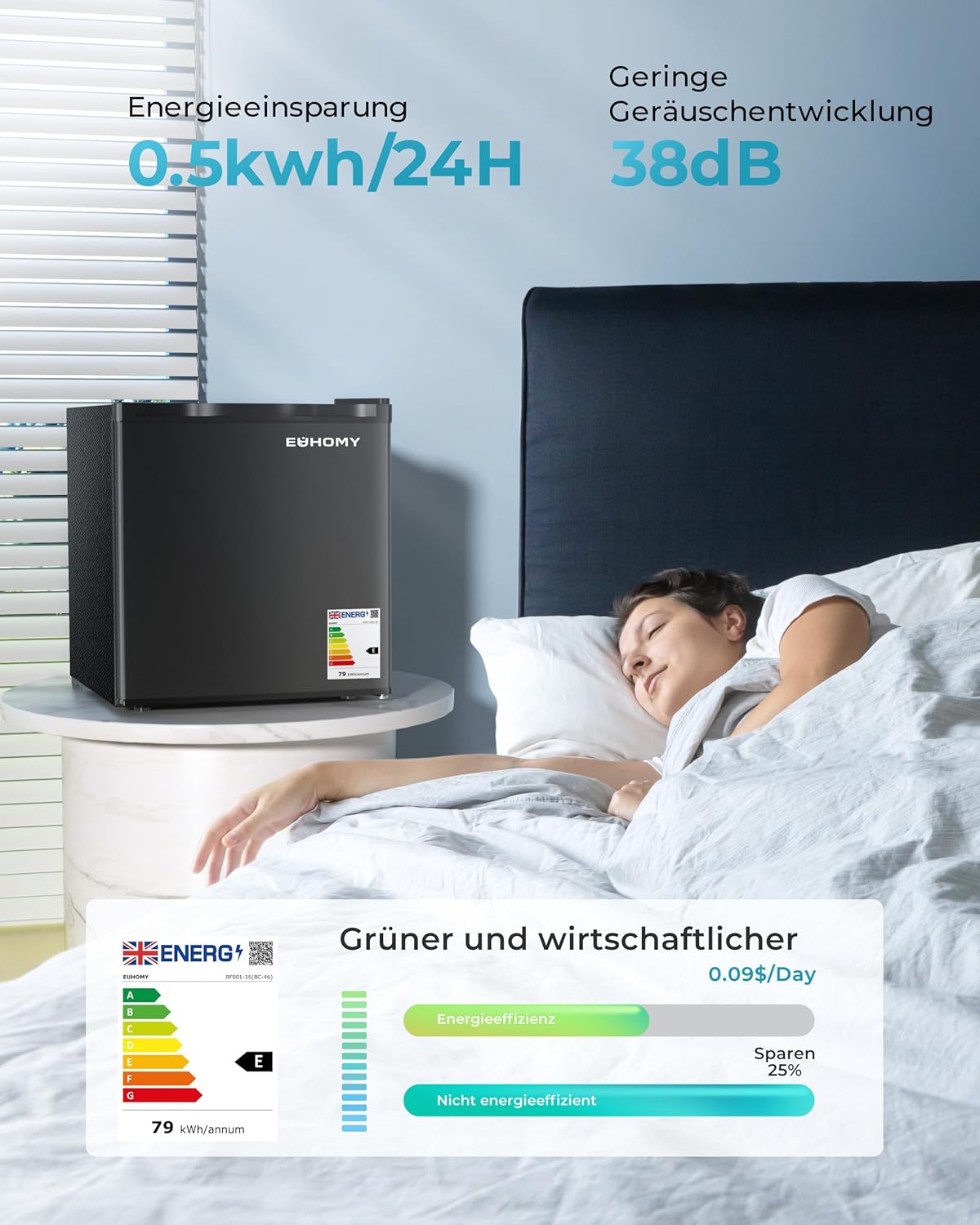 EUHOMY Mini Kühlschrank, 46L Kühlschrank klein, kleiner Kühlschrank mit umkehrbarer Tür, 7-Stufen Thermostat, 38dB Ultra-Leise, Energieeffizienter Kompaktkühlschrank für Schlafzimmer, Büro (Schwarz)