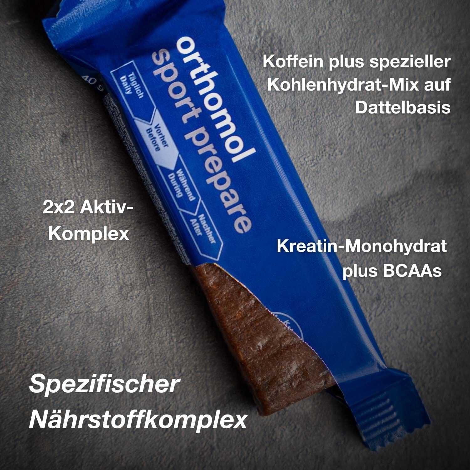 Orthomol Sport prepare - Fruchtriegel mit Kreatin, Koffein und BCAA - Einnahme vor dem Training - Schoko-Mandel-Dattel-Geschmack - Riegel