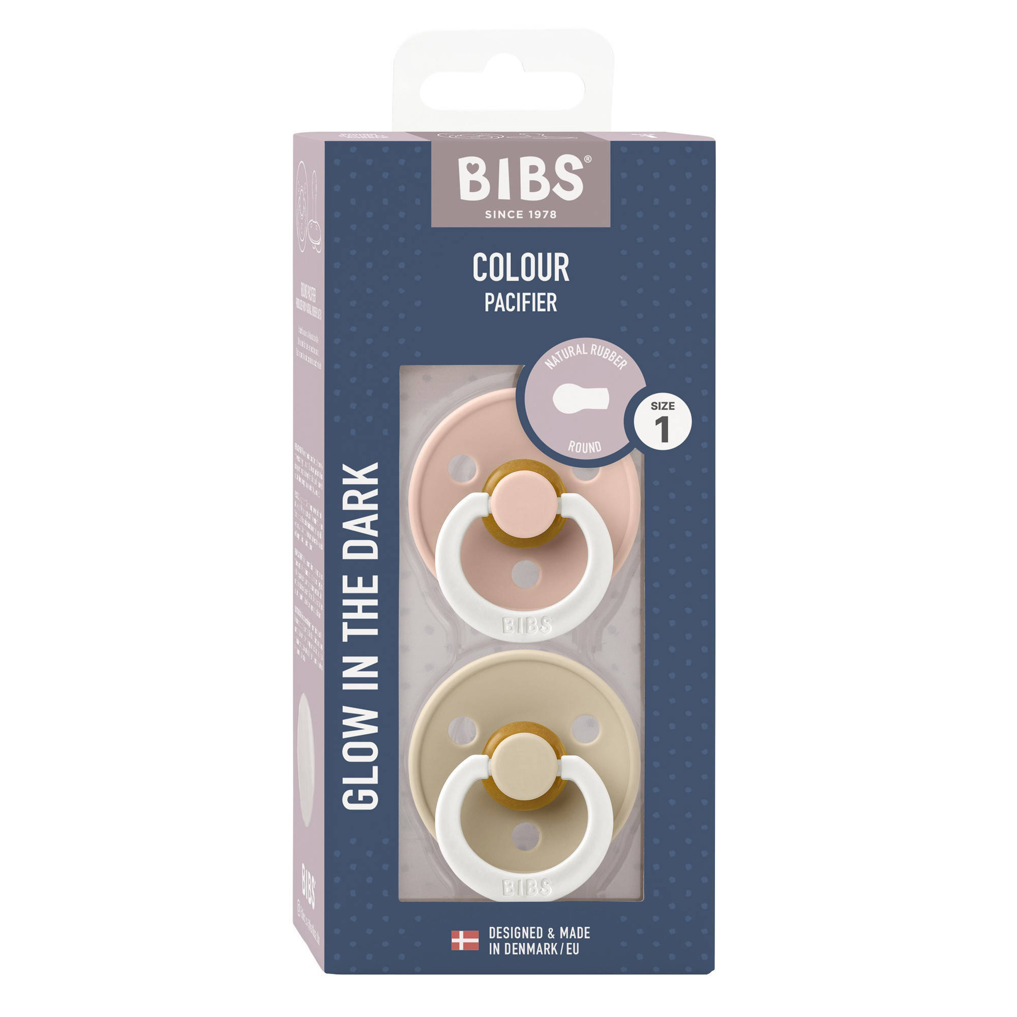 BIBS fopspeen - maat 1 - Glow in the dark Blush  / Vanilla  ( 2 stuks)