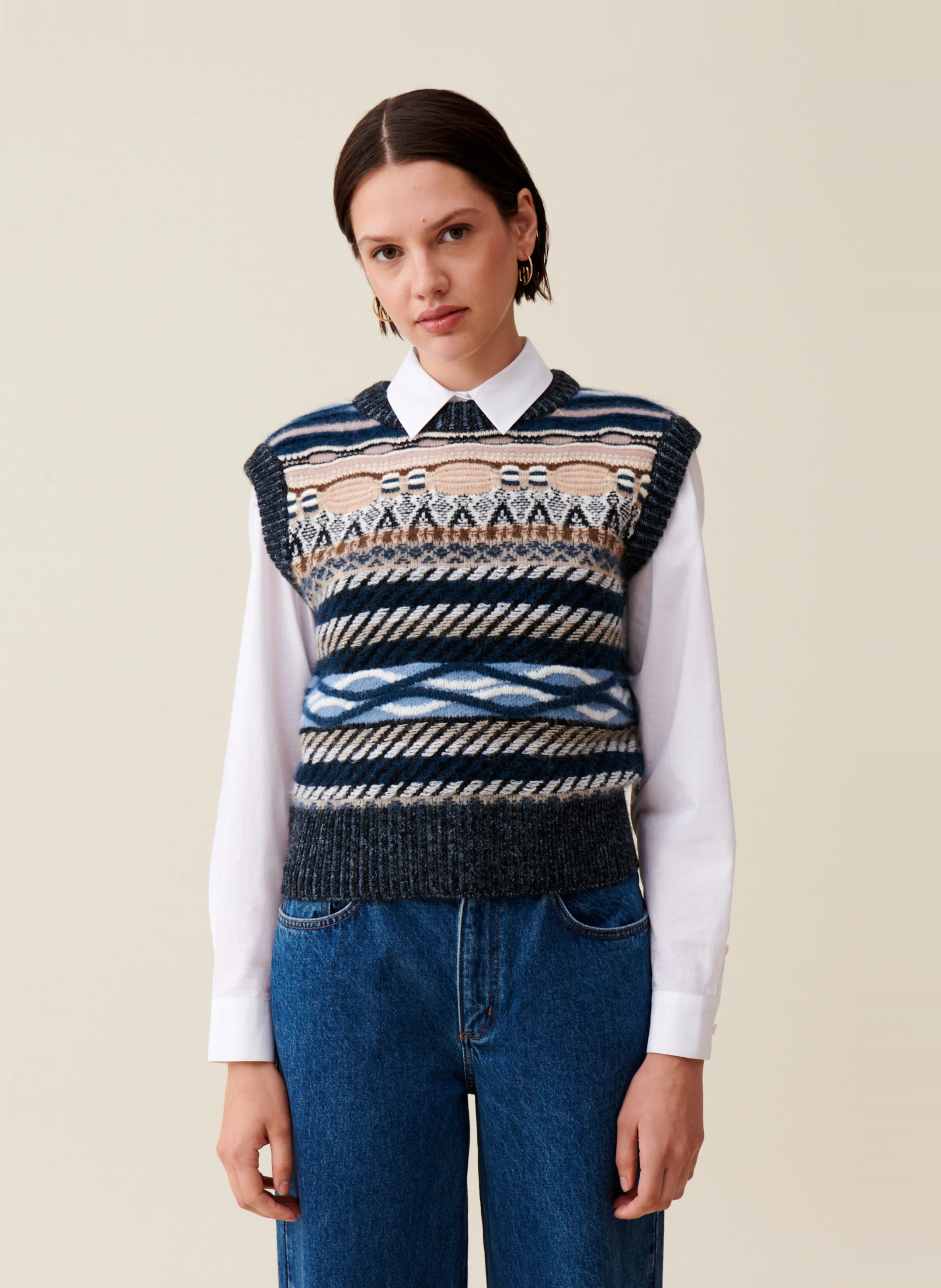 Pull court sans manches rayé en laine mélangée | Multicolore