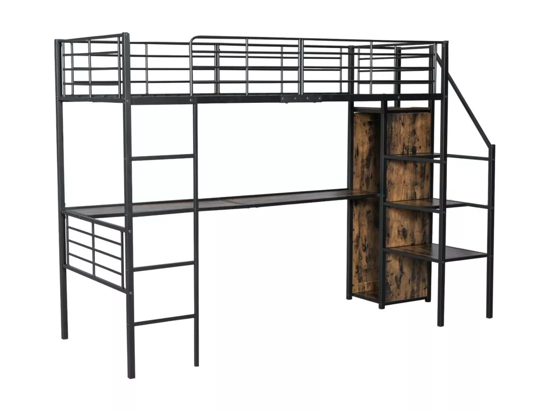 Lit mezzanine 90x200cm en métal - avec bureau、armoire et échelle de rangement - Noir