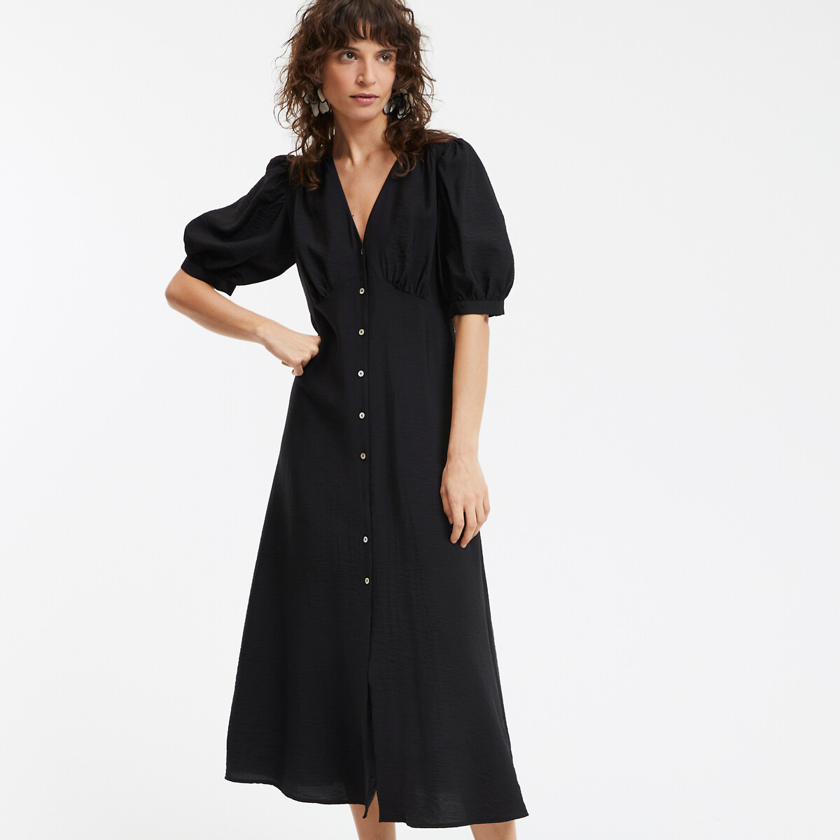 COLEÇÃO LA REDOUTE<br>Vestido longo, decote em V, mangas até o cotovelo