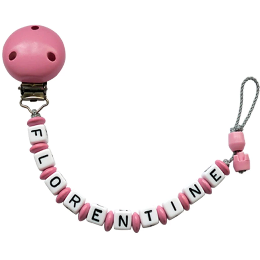 Schnullireich Schnullerkette mit Namen bis 9 Buchstaben (Lange Namen) Rosa