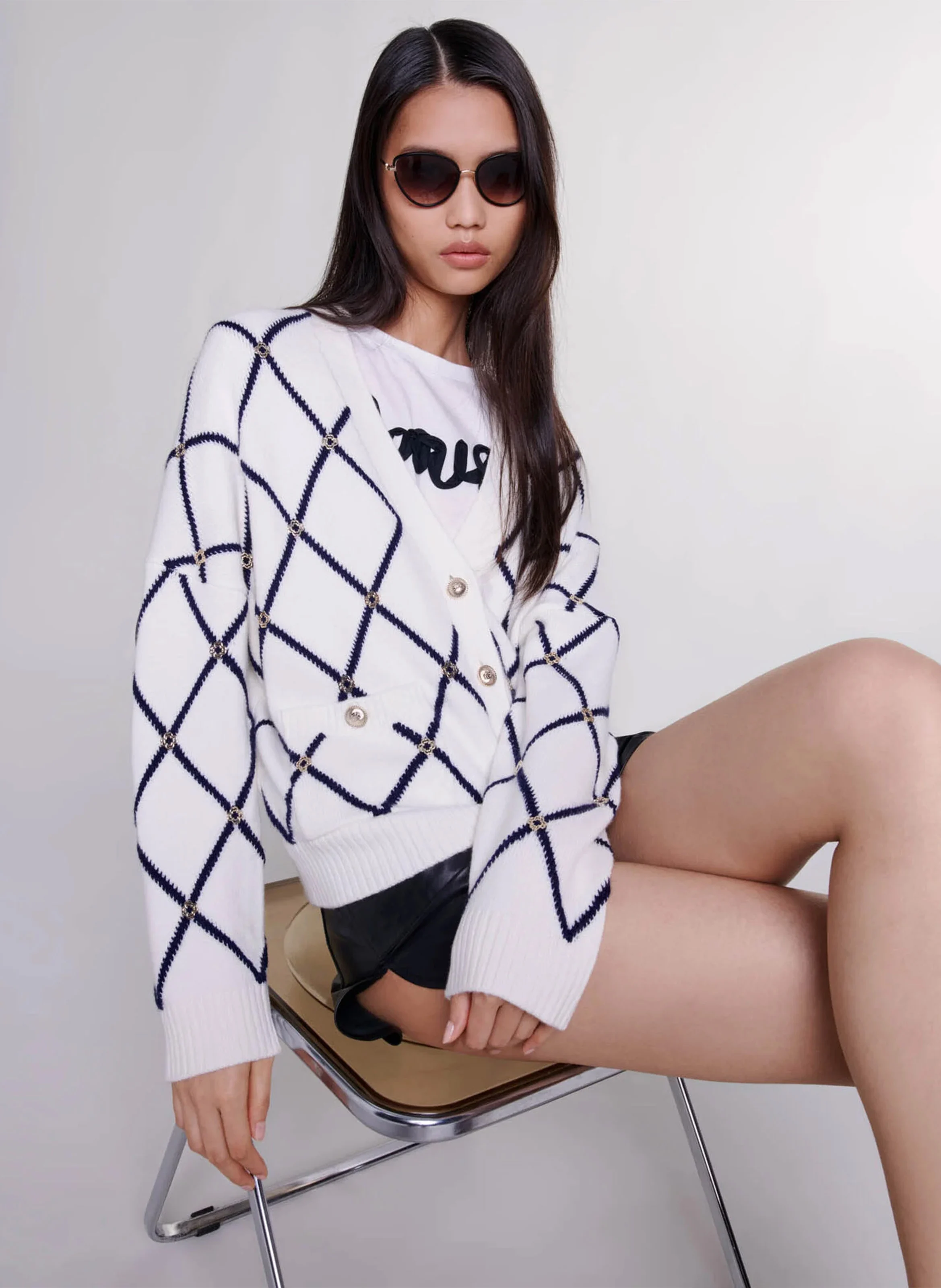 Gilet droit col V à imprimé | Beige