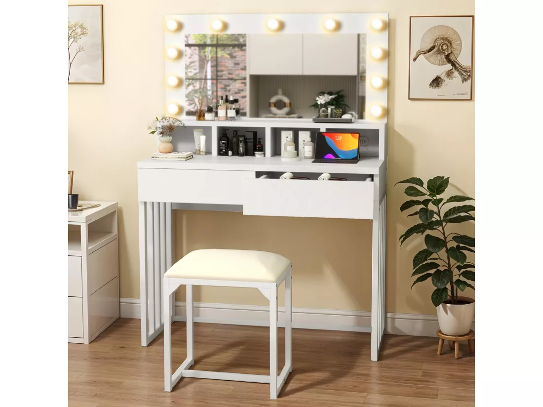 YITAHOME Coiffeuse avec Éclairage Coiffeuse avec Miroir et Taburet - Coiffeuse avec 2 Tiroirs - Blanche