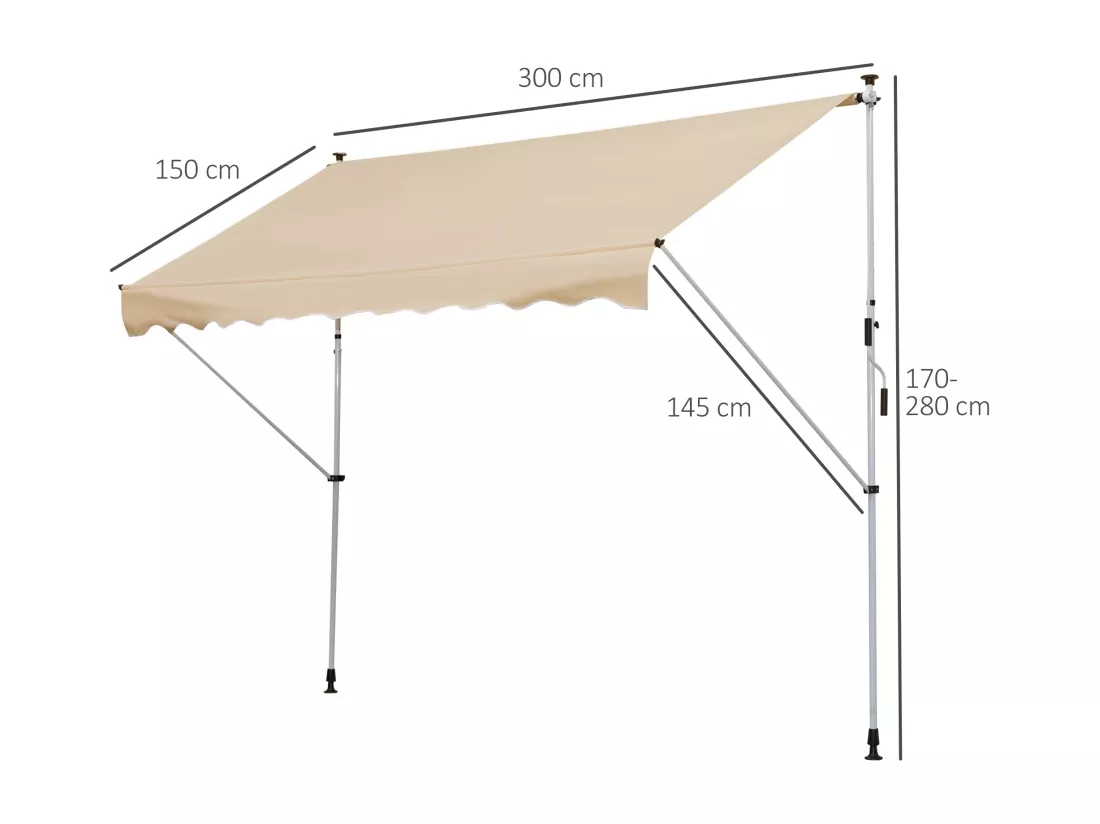 Store banne manuel rétractable 3L x 1,5l m inclinaison et hauteur réglable installation rapide métal alu polyester anti-UV beige