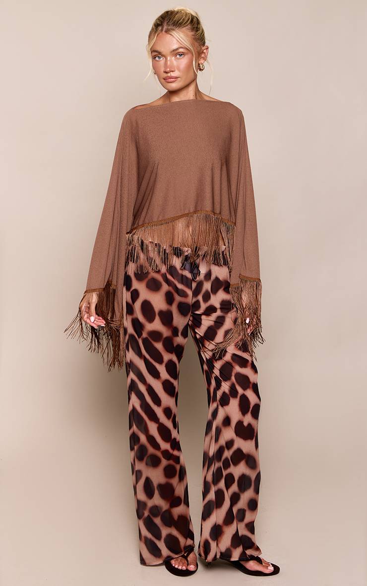 Marron Pantalon Fluide Large En Mousseline Imprimé Animal