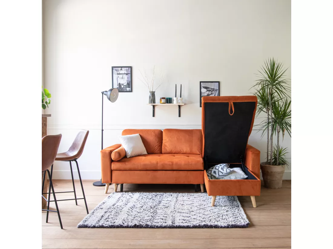 Canapé d'angle convertible JAMES 3 places en velours terracotta - HAPPY GARDEN