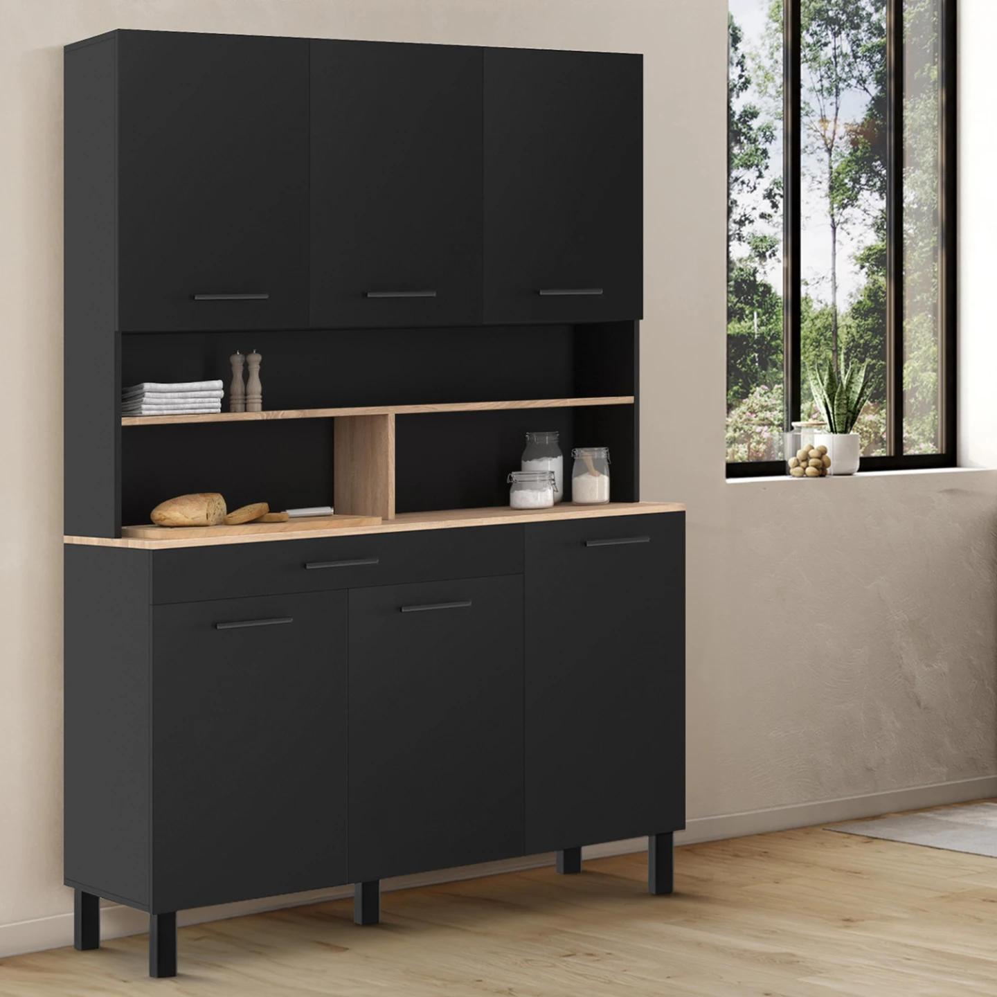 Buffet de cuisine 120 cm CINA 6 portes + tiroir noir et plateaux façon hêtre