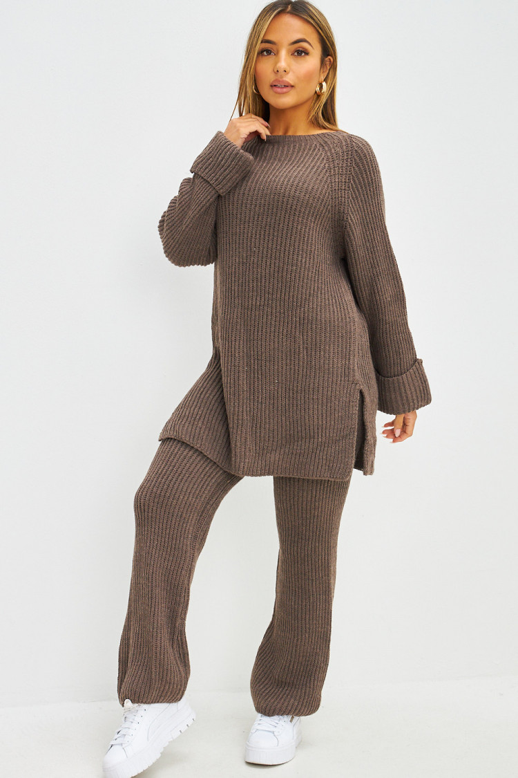 Ensemble 2 pièces pull long + pantalon en grosses mailles taupe