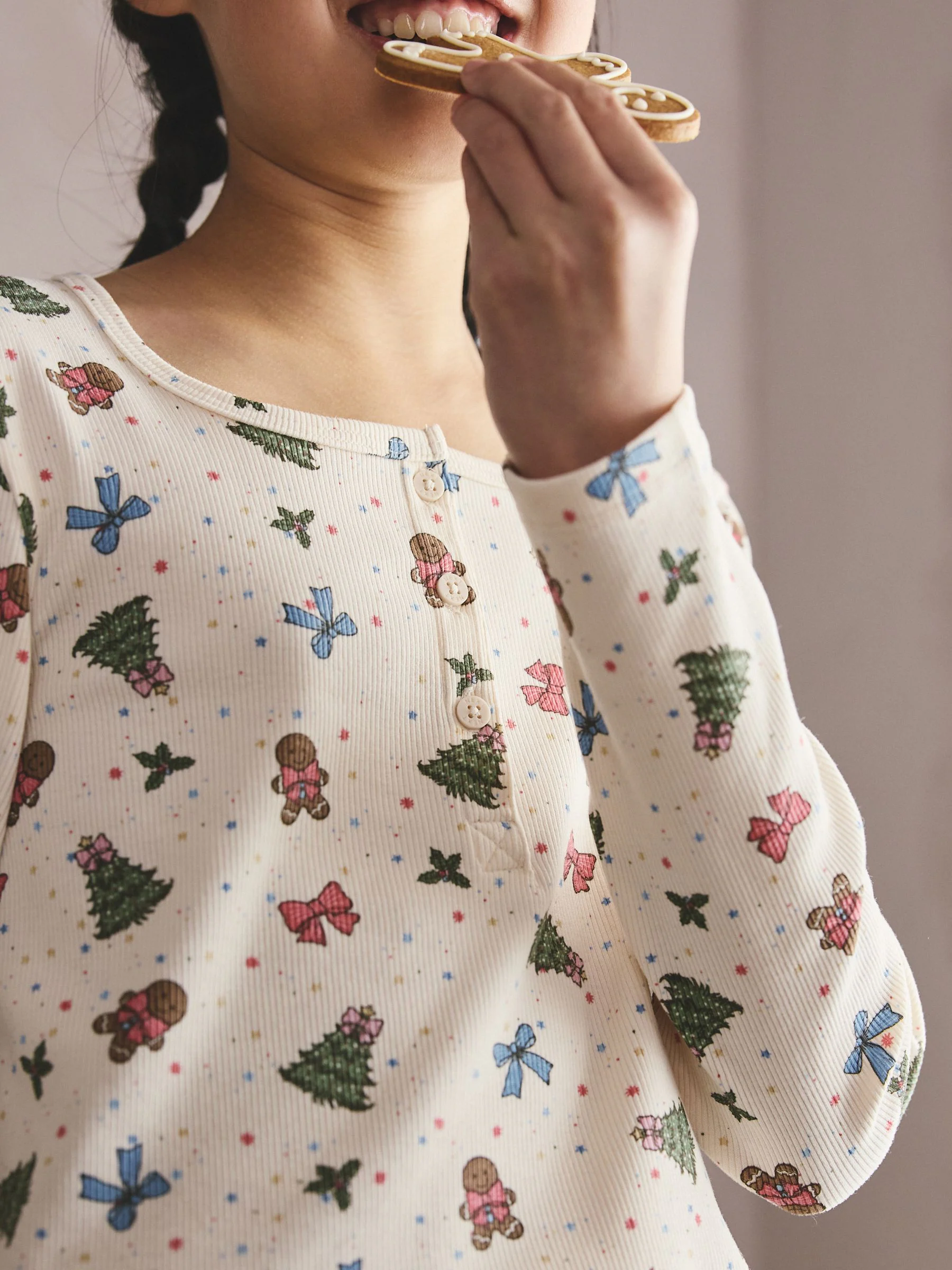 Crème geribbeld - Kerstpyjama met wijde pijpen (5-16jr)